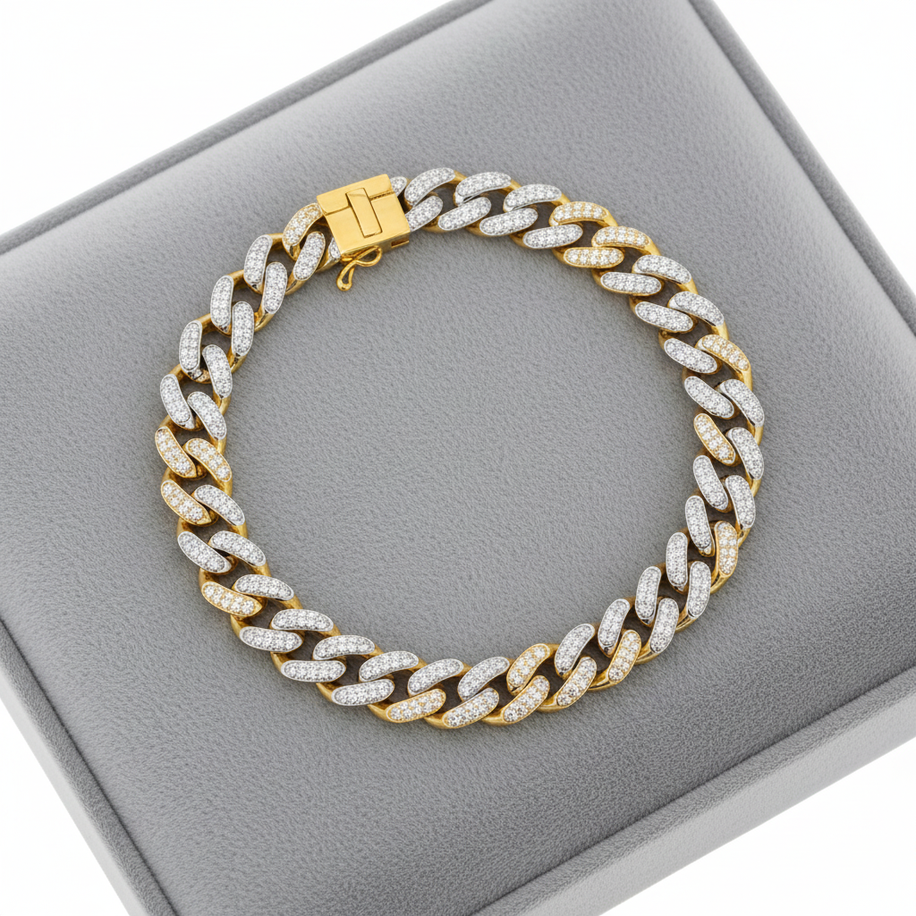 14k Two Tone Gold Curb Chain Bracelet - Full Display
