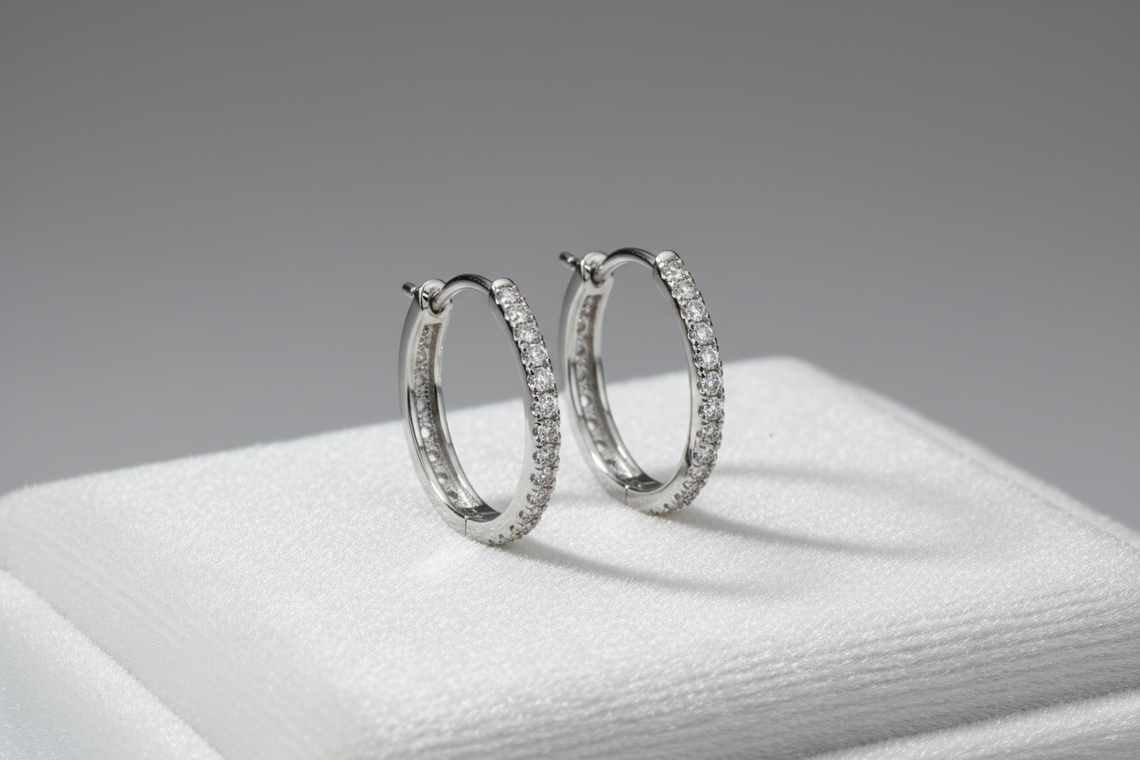 14K white gold slim two-sided diamond hoop earrings studio shot
